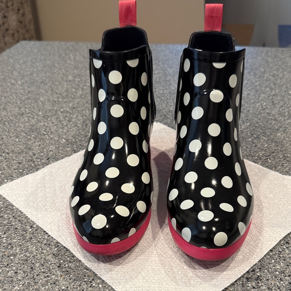 Kate Spade Black and White Polka Dot Rain Boots with Pink Soles